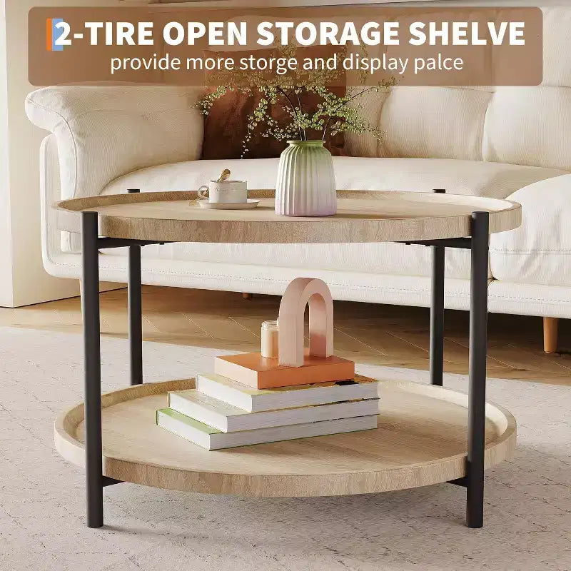 Table basse ronde de 30 pouces avec rangement à 2 niveaux, table centrale de ferme moderne