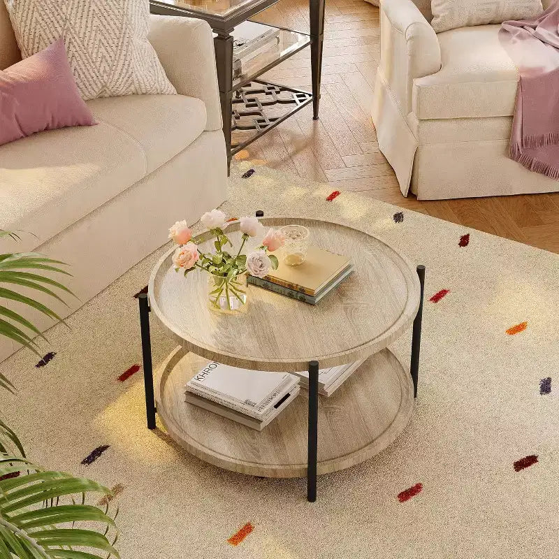 Table basse ronde de 30 pouces avec rangement à 2 niveaux, table centrale de ferme moderne