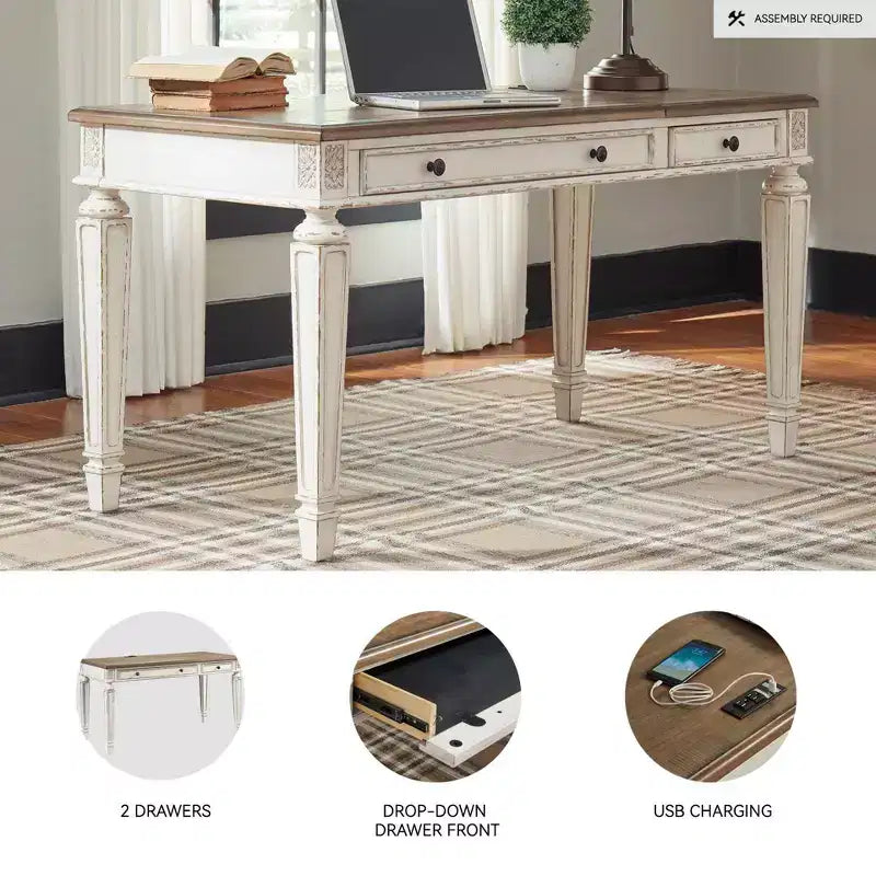 Bureau de style antique beige, design cottage avec pieds effilés