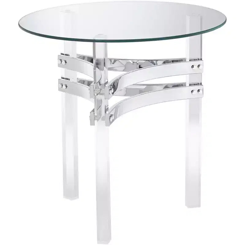 Studio 55D Serenity Modern Acrylic Round Accent Table 23 3/4 Wide Clear Tempered Glass Chrome Straps for Living Room Bedroom Bedside Entryway Office