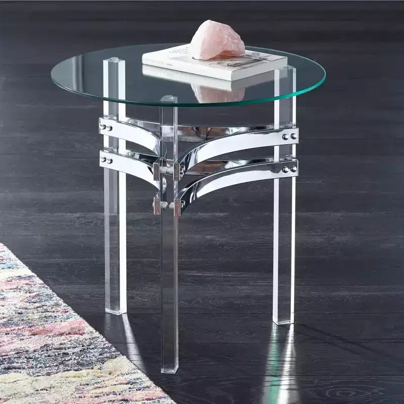 Table d'appoint ronde moderne en acrylique 23 3/4 de large, verre trempé transparent, sangles chromées