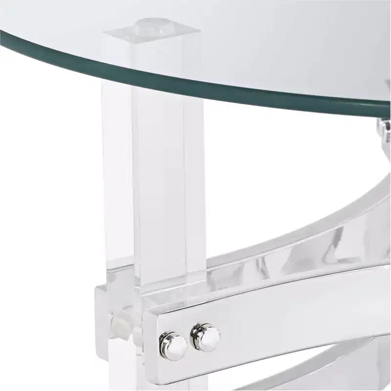 Table d'appoint ronde moderne en acrylique 23 3/4 de large, verre trempé transparent, sangles chromées