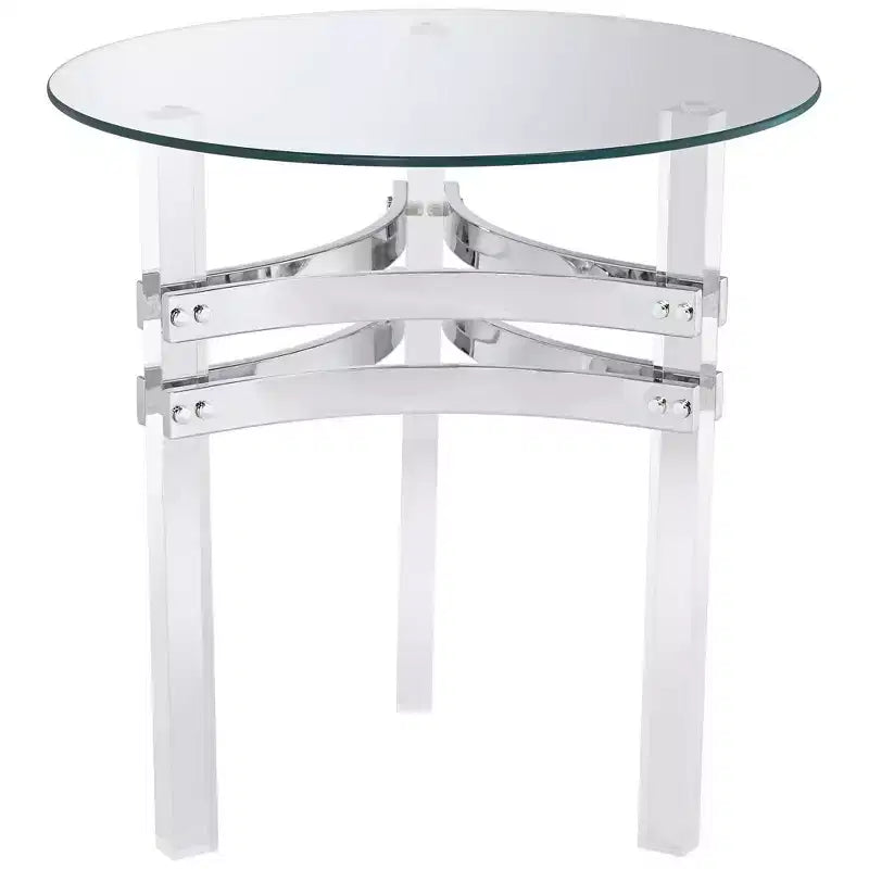 Table d'appoint ronde moderne en acrylique 23 3/4 de large, verre trempé transparent, sangles chromées