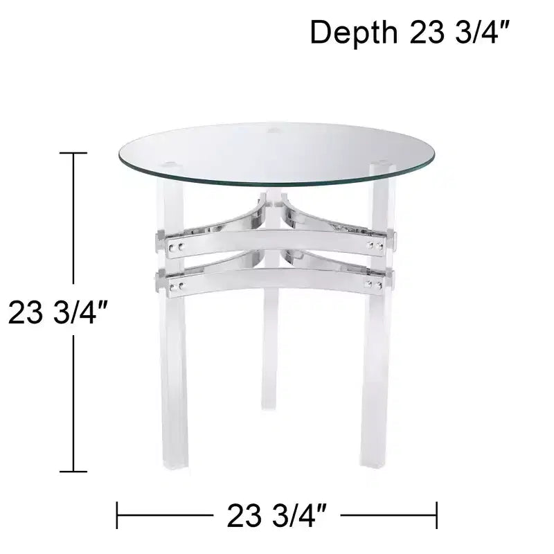 Table d'appoint ronde moderne en acrylique 23 3/4 de large, verre trempé transparent, sangles chromées
