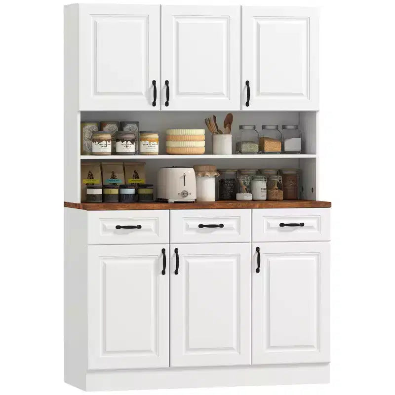 HOMCOM 71 Kitchen Pantry, Freestanding Buffet with Hutch with 3 Drawers, 6 Doors, 2-Tier Countertop and Adjustable Shelves, White